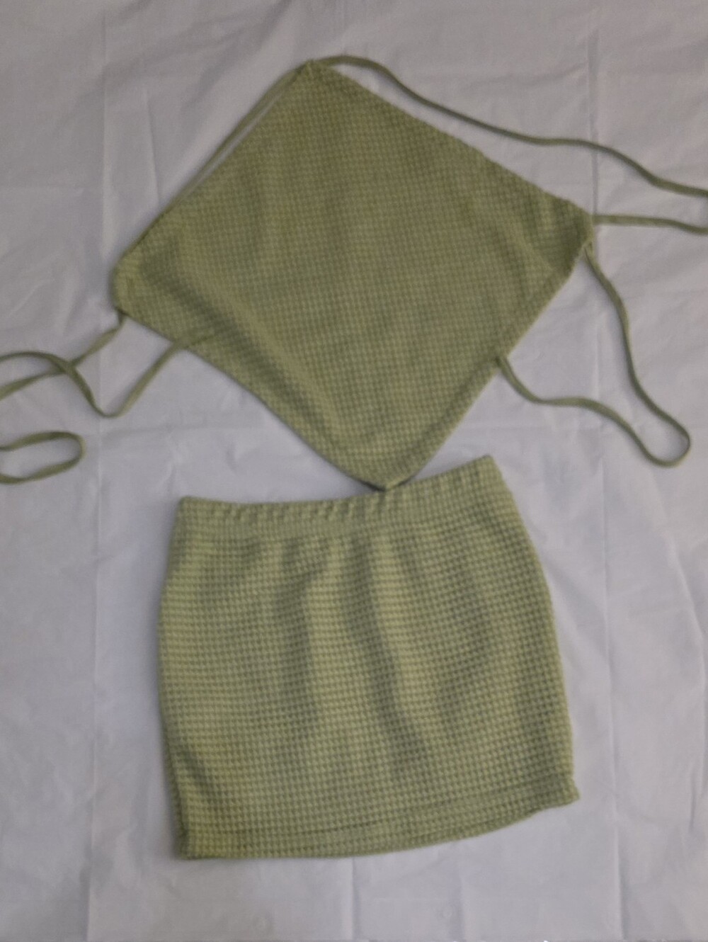 Shein Light Green Waffle Knit Mini Skirt And Shirt - Women